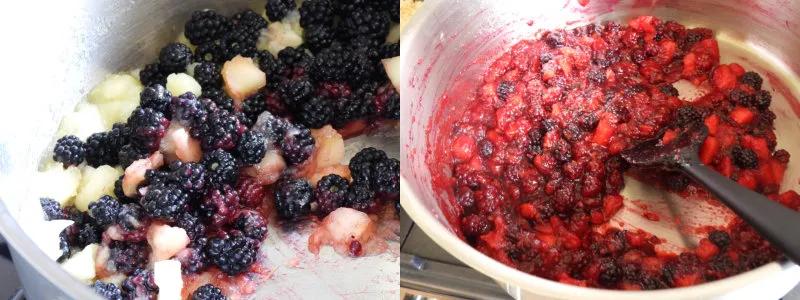Place the blackberries, lemon zest, caster sugar and apples in a pan