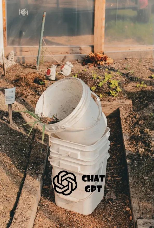 A pile of white buckets with the chat GPT logo on it, in an untidy greenhouse 